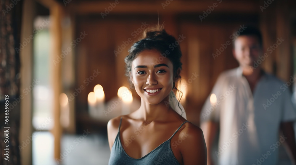 A smiling woman with a ponytail and a man share a joyful, candlelit moment in a cozy room, conveying a sense of connection and happiness. A smiling woman with a ponytail and a man share a joyful, candlelit moment in a cozy room, conveying a sense of connection and happiness.