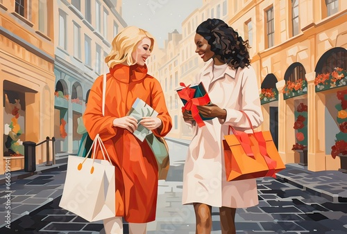 illustration of women of different ethnicity with shopping bags taking advantage of the sales
