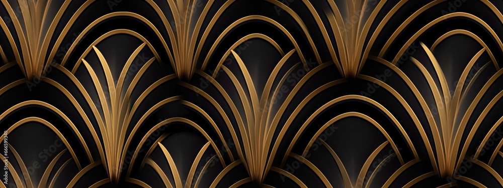 Seamless golden Art Deco scallop palm fan line pattern. Vintage abstract geometric gold plated high relief sculpture on dark black background. Modern elegant metallic luxury Seamless golden Art Deco scallop palm fan line pattern. Vintage abstract geometric gold plated high relief sculpture on dark black background. Modern elegant metallic luxury