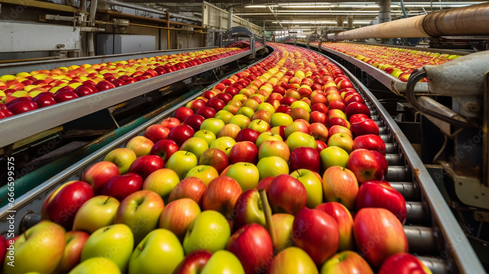 A mesmerizing view of red and green apples, each one a work of art, sorted and packaged on a conveyor line. A mesmerizing view of red and green apples, each one a work of art, sorted and packaged on a conveyor line.