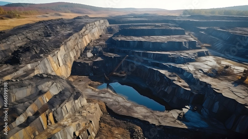 Aerial view basalt quarry of open pit with Bulldozer And Car, Industry of black basalt stone, stone quarr,Generated Ai photo