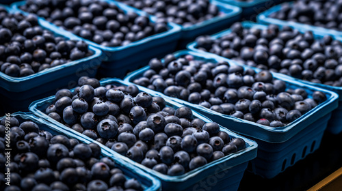 Rows of trays filled with mouthwatering blueberries, their deep blue hue inviting all to savor their natural sweetness. 
