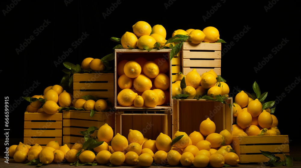 Pallets stacked high with boxes of zesty and aromatic lemons, radiating the vibrant appeal of citrus fruits. 