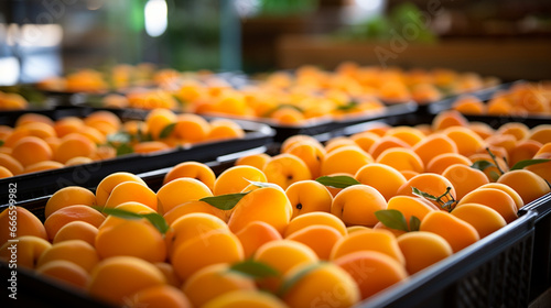 Rows of trays filled with fresh and flavorful apricots, each one reflecting the joy of summer's harvest. 
