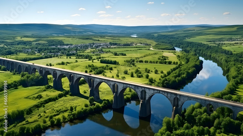 Aerial view of an old railway viaduct, Austro-Hungarian railway bridge in the village of Plebanivka in the Ternopil region of Ukraine,Generated Ai