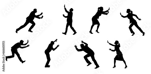 People pushing wall silhouette. People pushing pose. Businessman pushes and makes physical efforts. Business Concept