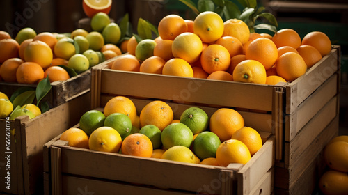 Crates filled with a variety of citrus fruits, including oranges and grapefruits, ready for global distribution. 