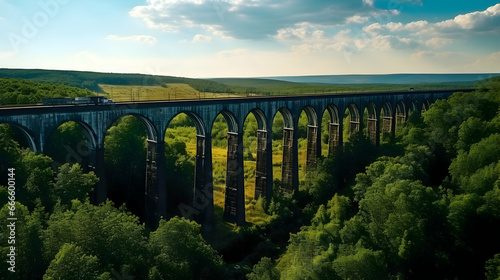 Aerial view of an old railway viaduct, Austro-Hungarian railway bridge in the village of Plebanivka in the Ternopil region of Ukraine,Generated Ai photo