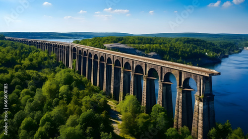 Aerial view of an old railway viaduct, Austro-Hungarian railway bridge in the village of Plebanivka in the Ternopil region of Ukraine,Generated Ai photo