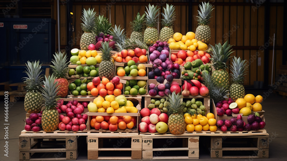 An assortment of tropical fruits, including pineapples, coconuts, and dragon fruits, displayed on a pallet for worldwide distribution. An assortment of tropical fruits, including pineapples, coconuts, and dragon fruits, displayed on a pallet for worldwide distribution.