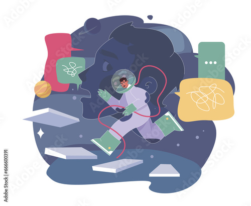 Loneliness. Unhappy person, astronaut left alone in space. Character