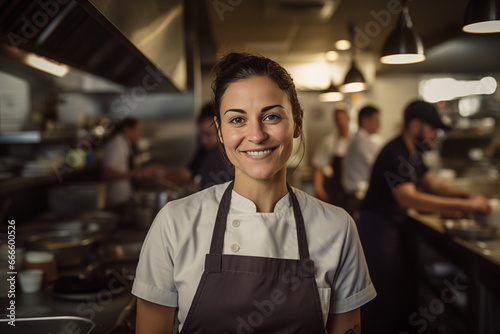 female chef wearing brown apron and white uniform in kitchen of restaurant photo