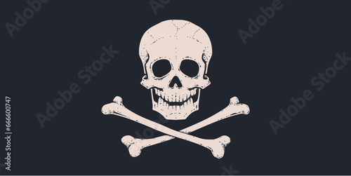 Death Skull Crossbones. Retro hand drawn white skull with cross bones on black pirate flag. Vintage poster with black skull skeleton on dark background for celebration Halloween. Vector Illustration