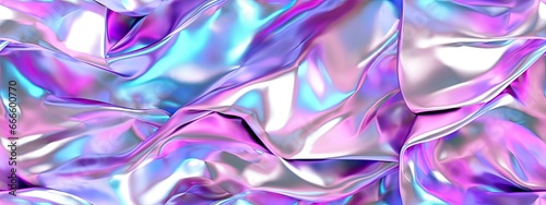 Seamless iridescent silver holographic crumpled chrome foil vaporwave background texture. Trendy shiny birthday glitter or disco glam pattern. Retro 80s cyberpunk, webpunk abstract