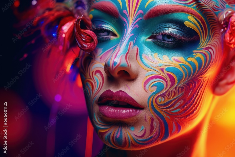 ultra close-up portrait of a beautiful girl with multicolored make-up, ai tools generated image