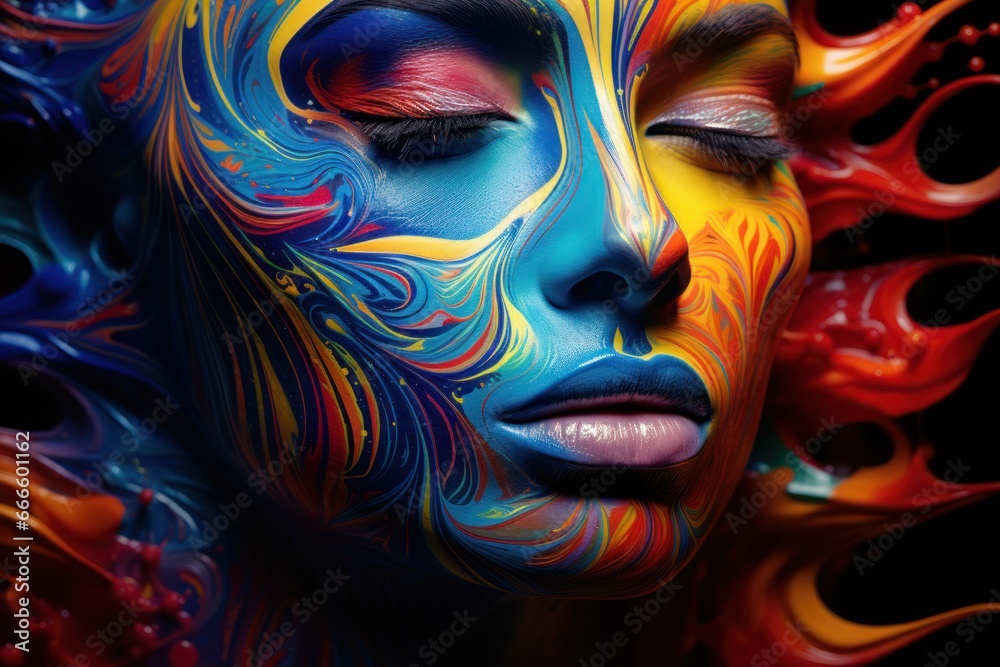 close-up portrait of a beautiful face with multicolored artistic make-up, ai tools generated image