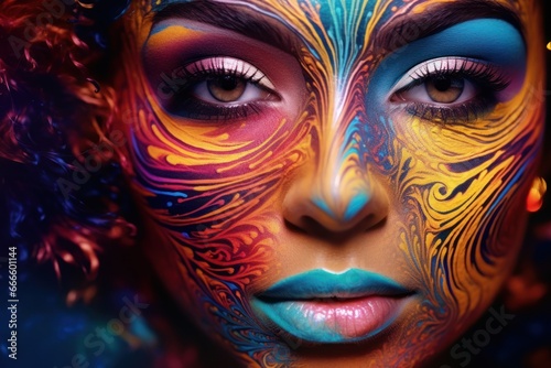 ultra close-up portrait of a beautiful girl with multicolored make-up, ai tools generated image