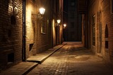 Vacant, slender alley flanked by weathered brick walls, gently illuminated by vintage lamppost, Street photography concept 