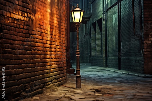 Vacant, slender alley flanked by weathered brick walls, gently illuminated by vintage lamppost, Street photography concept  photo