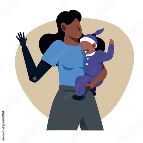 A vector image of a black woman with an arm prosthetics holding a baby. Disabled theme image