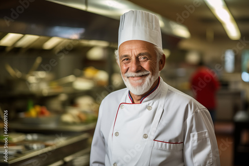 senior older male chef wearing white uniform and hat in kitchen of restaurant photo
