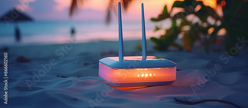 Wi-fi router on the sea beach by the hotel. Oceanfront wifi internet. Orande and teal hotspot on the resort's sandy beach. Luxury hotel with internet on the beach. A wi-fi point on an island vacation. photo