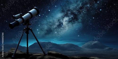telescope with stars on it over a dark sky background above and use it as your wallpaper, poster and banner design. photo