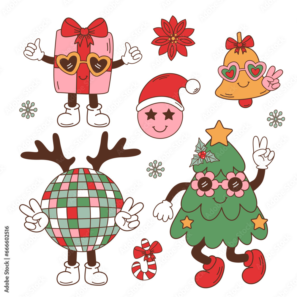 Fototapeta premium set of isolated groovy Christmas tree, gift, bell, Disco Ball
