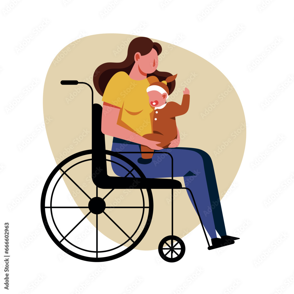 Fototapeta premium A vector image of a woman in a wheelchair holding a baby. Disabled theme image