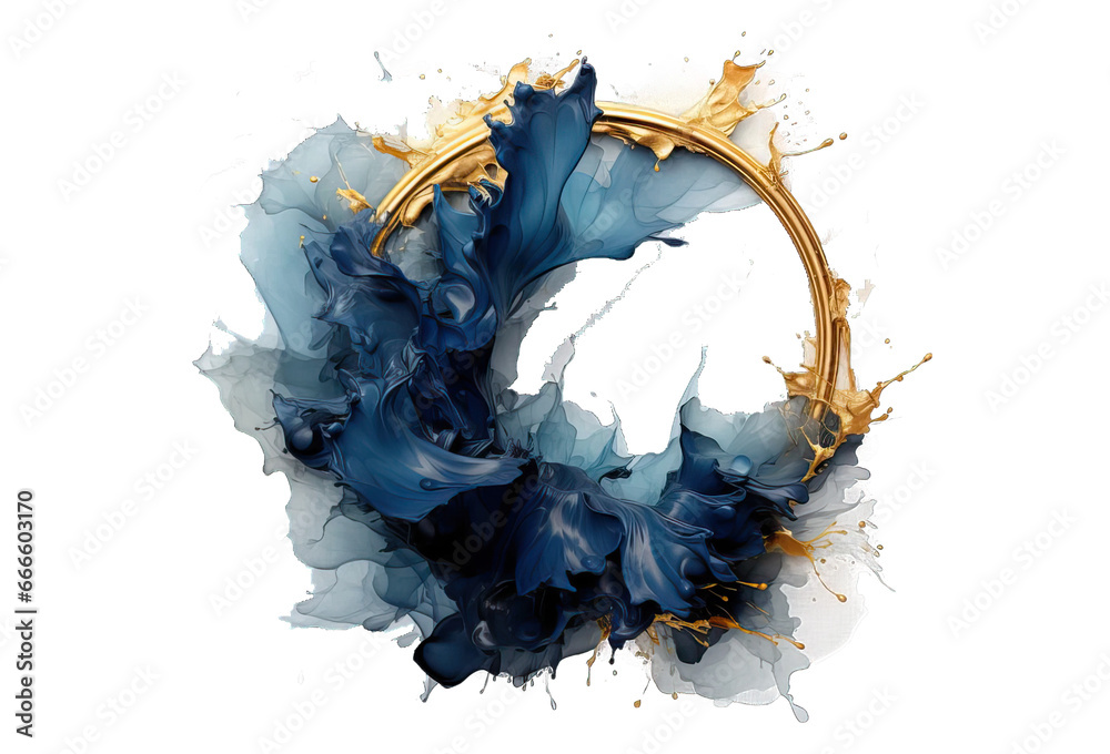 an abstract circle liquid explosion with gold and blue smoke, in a circular frame and isolated on a transparent background. - obrazy, fototapety, plakaty 