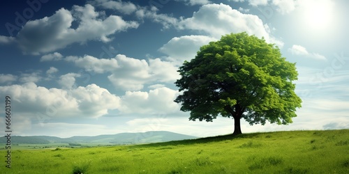 A large tree in a green field can be used as wallpaper © candra