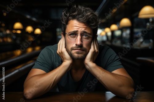 Portrait of tired and bored man sitting at desk   dreaming and thinking   resting head on hand.