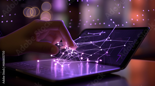 A hand with an ipad in an office, with dots and lines in the air, geometry lines, with purple light, unreal engine 5, applecore