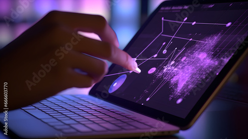 A hand with an ipad in an office, with dots and lines in the air, geometry lines, with purple light, unreal engine 5, applecore photo