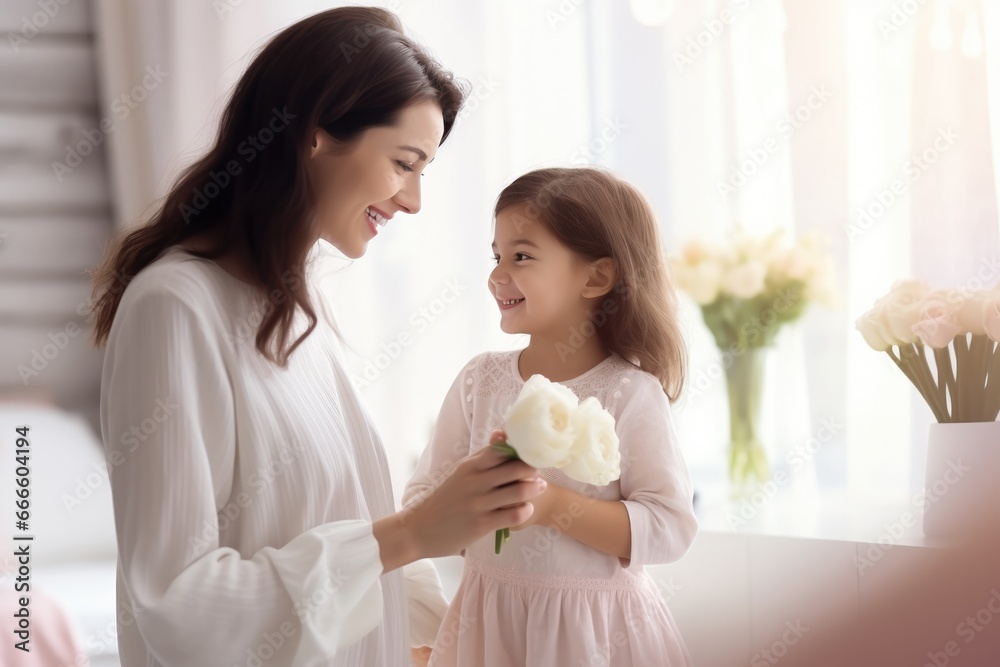 Cute little girl greeting mother and Mom enjoying in daughter's affection at home. Mother's day concept. Cute little girl greeting mother and Mom enjoying in daughter's affection at home. Mother's day concept.