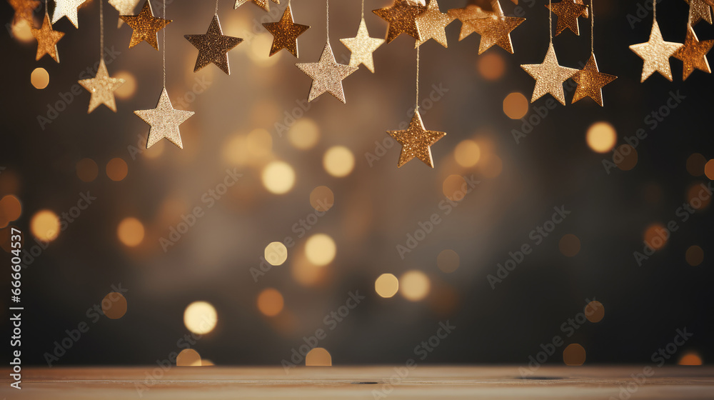 Hängende goldene Sterne über leeren Holztisch mit Bokeh-Effekt, festlicher Hintergrund in braun und gold für Silvester oder Weihnachten, Platz für Warenpräsentation oder Text - obrazy, fototapety, plakaty 