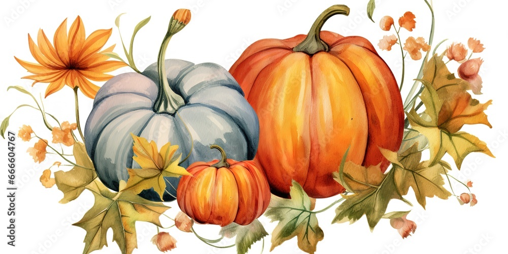 Naklejka premium Watercolor pumpkin clip art oraange pumpkin with flowers for Thanksgiving day or Halloween.