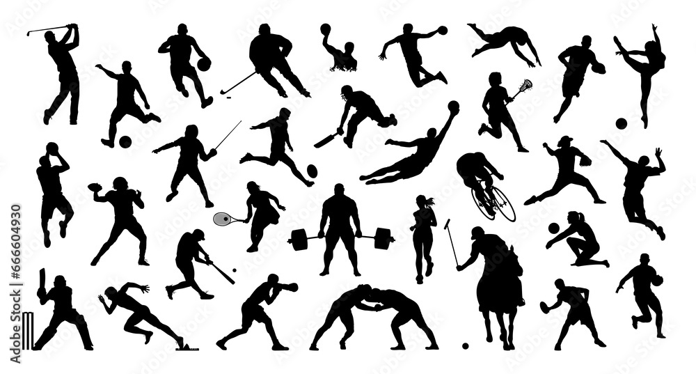 Big set of sports silhouettes. Sport people on white. High detail. Vector illustration.