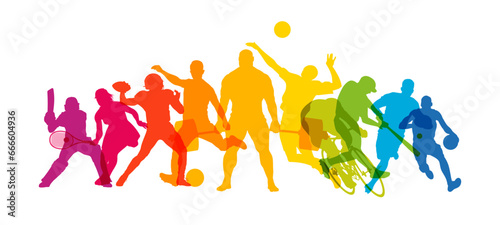 Colorful concept of sports silhouettes. Sport people on white. High detail. Vector illustration.