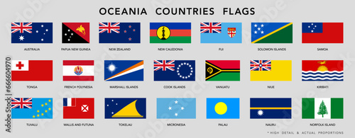 Oceania countries flags set. High detail and actual proportions. Vector illustration