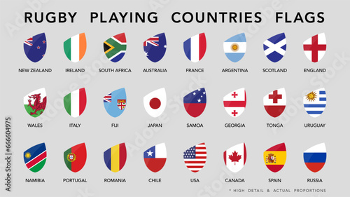 Rugby playing countries flags set. High detail and actual proportions. Vector illustration