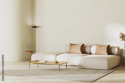 Minimalist living room interior with curvy wall, sofa with pillows and beige plasters walls, coffee table on rug, floor lamp. Interior mockup, 3d render