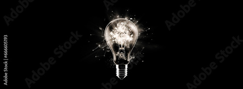 Bulb, black and white lamp, brainstorming concept. Banner photo