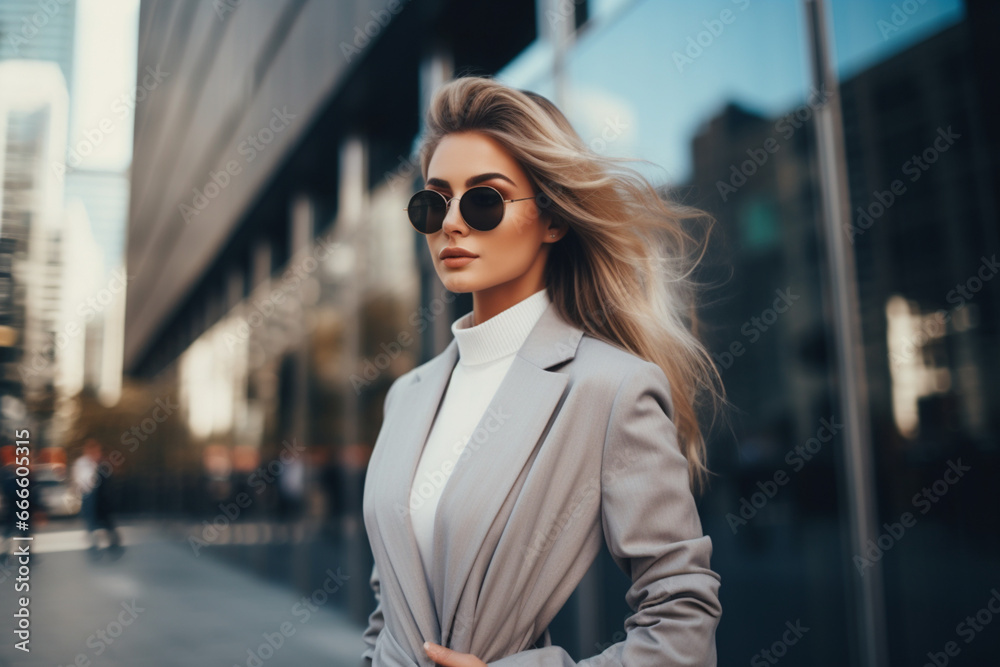 Successful and elegant woman walks the streets in a modern city