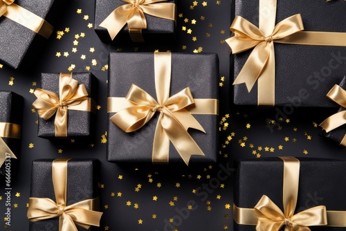 Top view of black gift boxes with a golden bow on festive dark background with confetti. © stopabox
