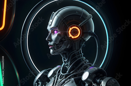 Artificial intelligence with human face. Futuristic robot in silver body suit with neon eyes on black background. Cyber security  digital brain processing big data concept