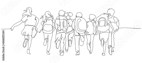 group of people holding hands. Continuous Line Art of Group of elementary school kids running at school back view students happy to go ack to school
