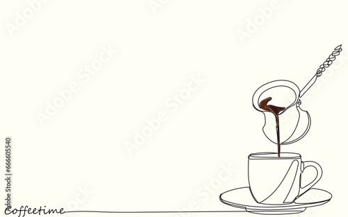 International Coffee day 1st October. Coffee time coffee break template. Get together at office.Caffeine intake. Aroma Graphic Illustration line art vector.Pouring hot coffee from cezve into cup