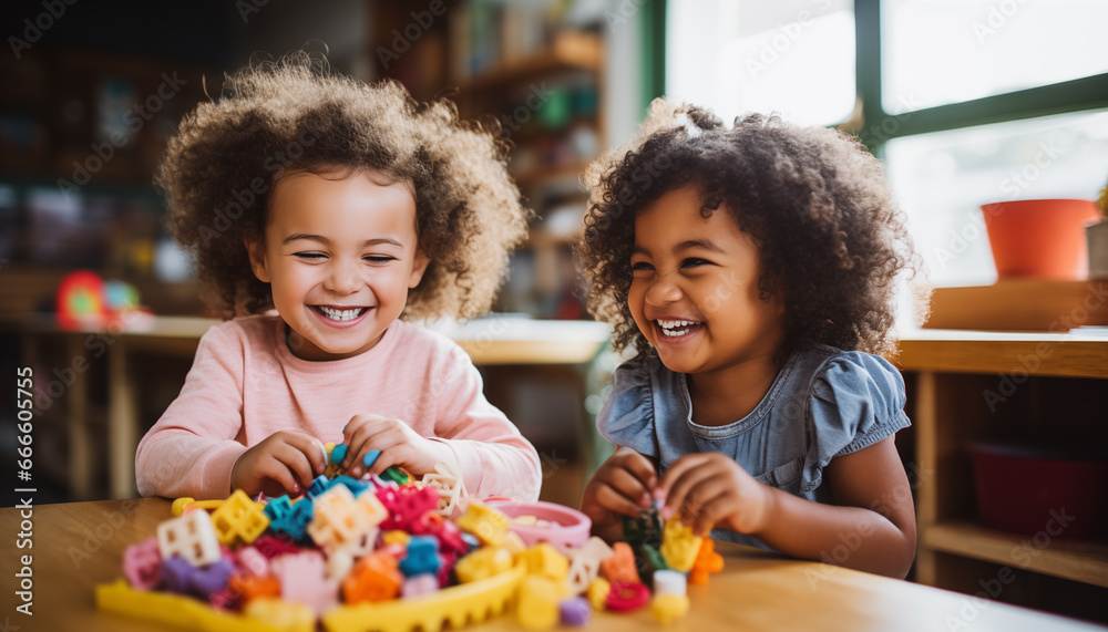 Two adorable interracial children girl playing toys in kindergarten. Two adorable interracial children girl playing toys in kindergarten.