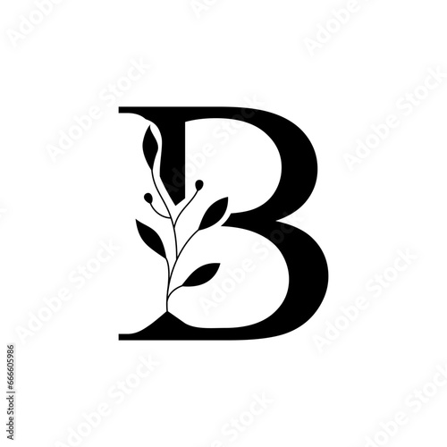 Floral botanical alphabet vintage hand drawn monogram letter B